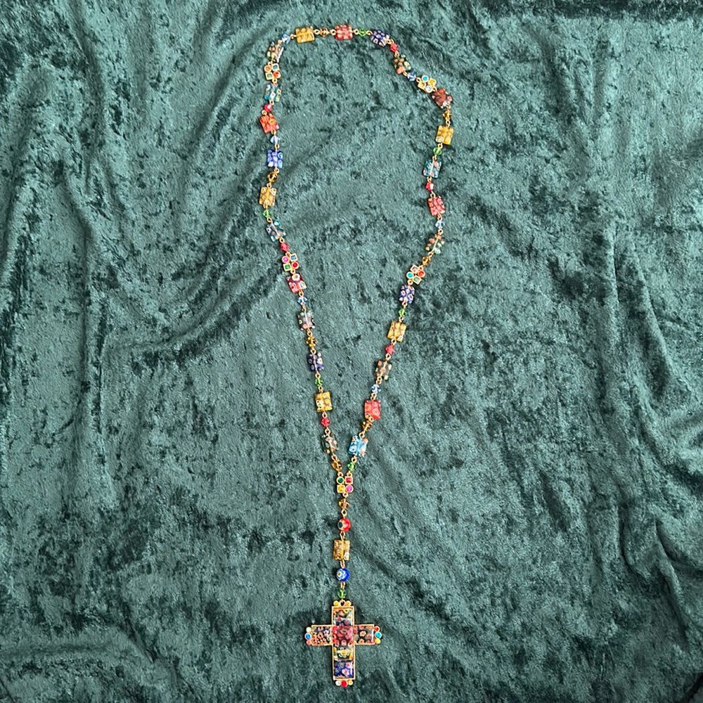 Millefiori Glass Candy cross rosary necklace